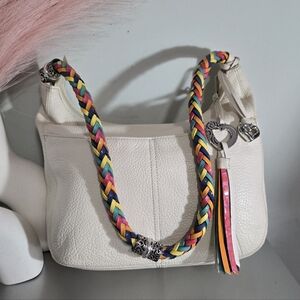 Brighton Barbados White Pebbled Leather Hobo Rainbow Braided Strap